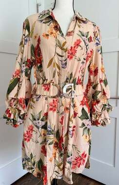 Studio F Women's Floral Print Linen-Blend Long Sleeve Shirt Dress Size 12